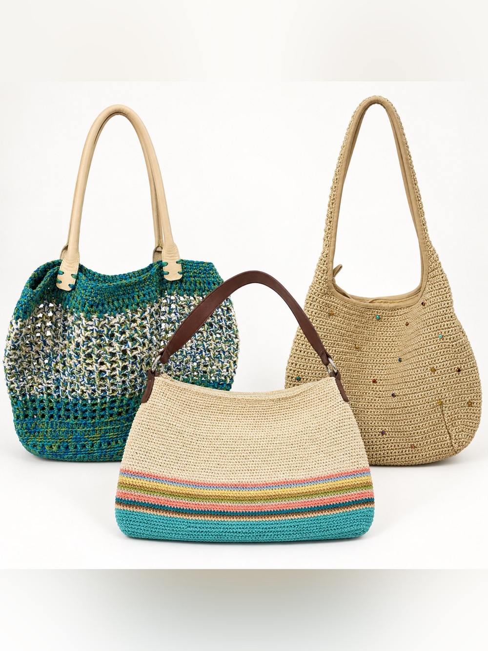 Woven Straw Shoulder Bag with Teal Stripe